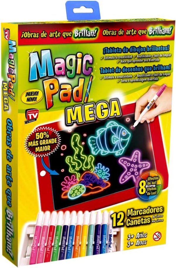 MagicPad XL tableta mágica 50% más grande con 12 marcadores de neón y 8 efectos de luz brillante.