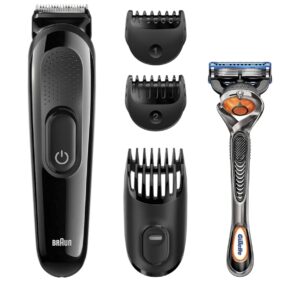 Kit de afeitado Braun con recortadora de barba eléctrica negra, tres peines guía y maquinilla manual Gillette Fusion5 ProGlide.